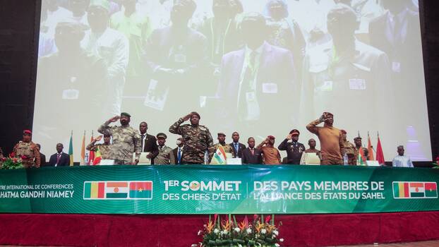 Heads of state of Mali's Assimi Goita, Niger's General Abdourahamane Tiani and Burkina Faso's Captain Ibrahim Traore attend the opening of for the first ordinary summit of heads of state and governments of the Alliance of Sahel States (AES) in Niamey, Niger July 6, 2024. 