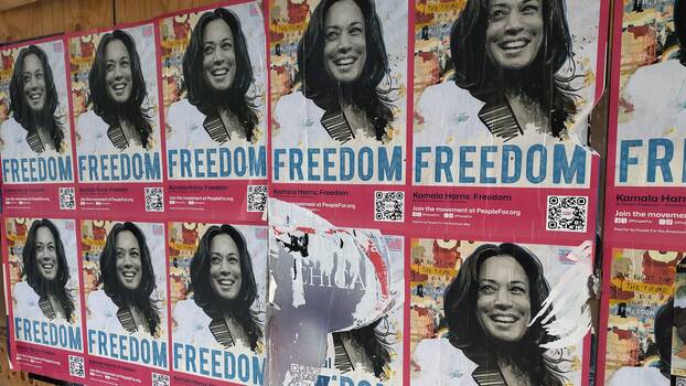 A wall of Kamala Harris posters in downtown Chicago during the Democratic National Convention, August 2024.