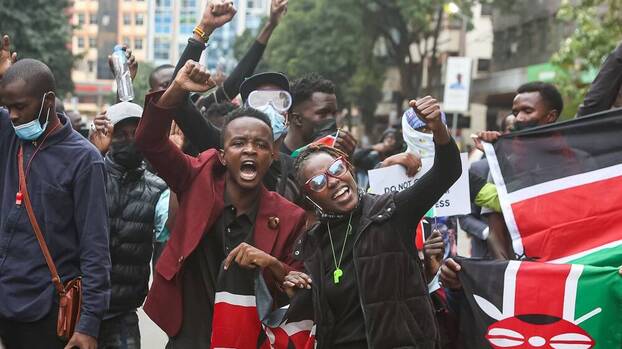 Protesters shout slogans as they participate in an anti-government demonstration in Nairobi, Kenya, 16 July 2024.